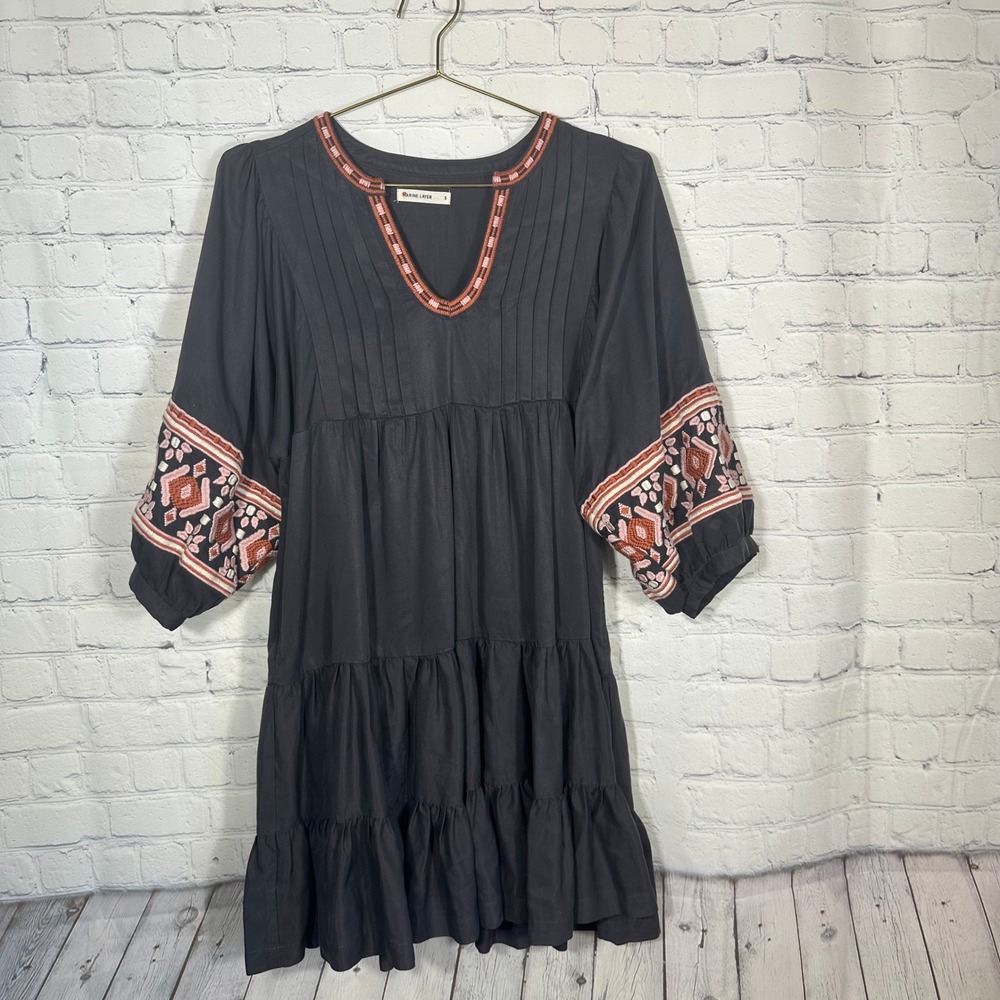 Marine Layer Olema Dress Embroidered Tiered Grey Boho Tencel 15405 Womens Small